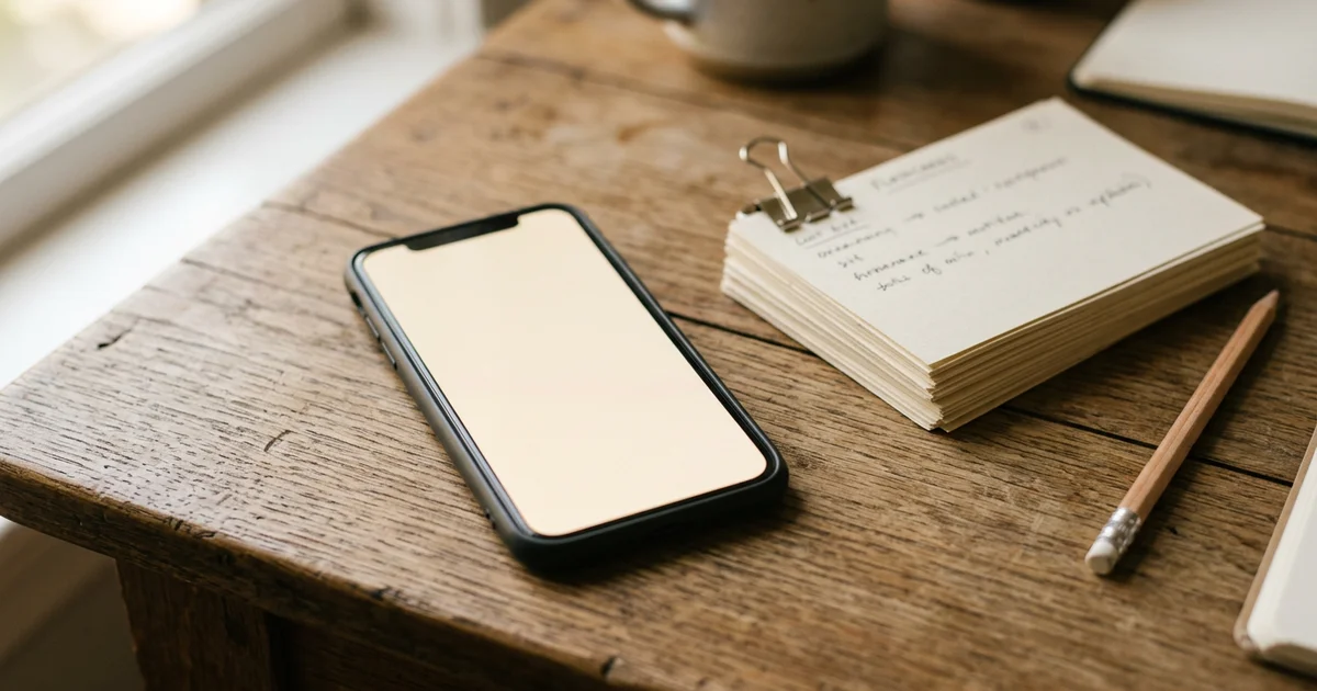 A phone beside a stack of handwritten flashcards and a pencil on a wooden desk